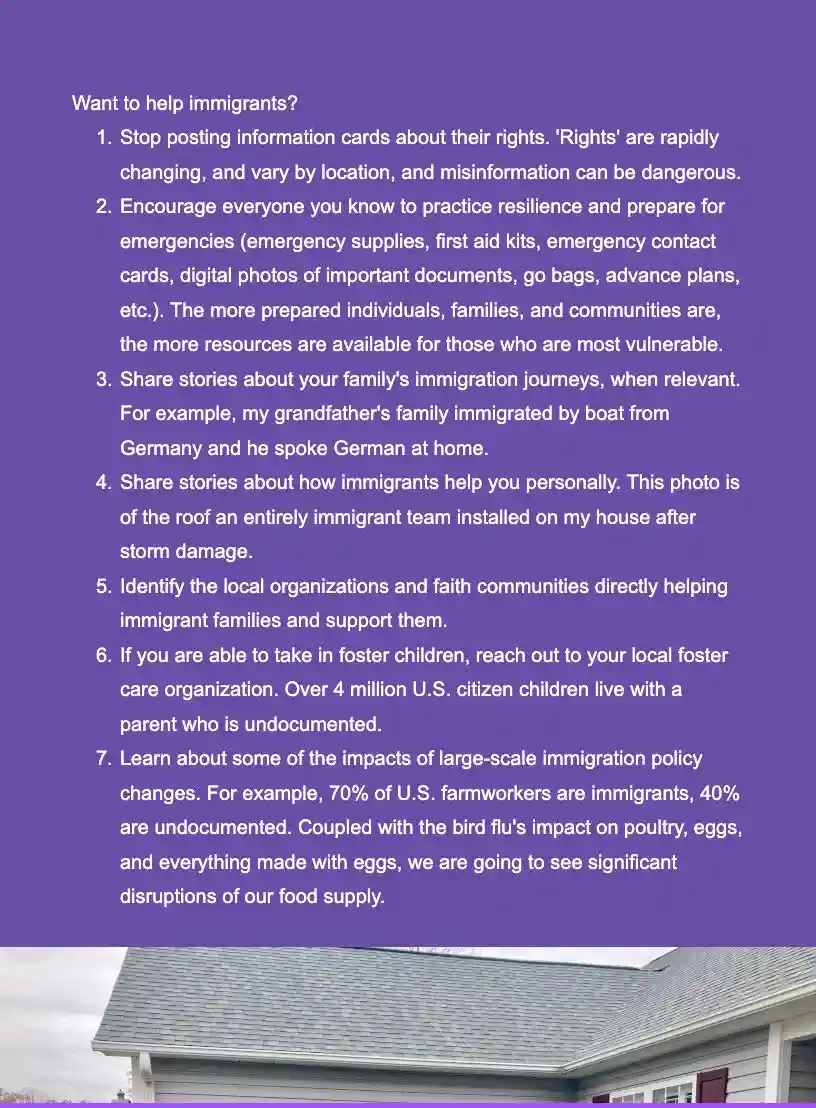 A purple background with white text listing seven ways to help immigrants, including stopping rights cards, preparing for…