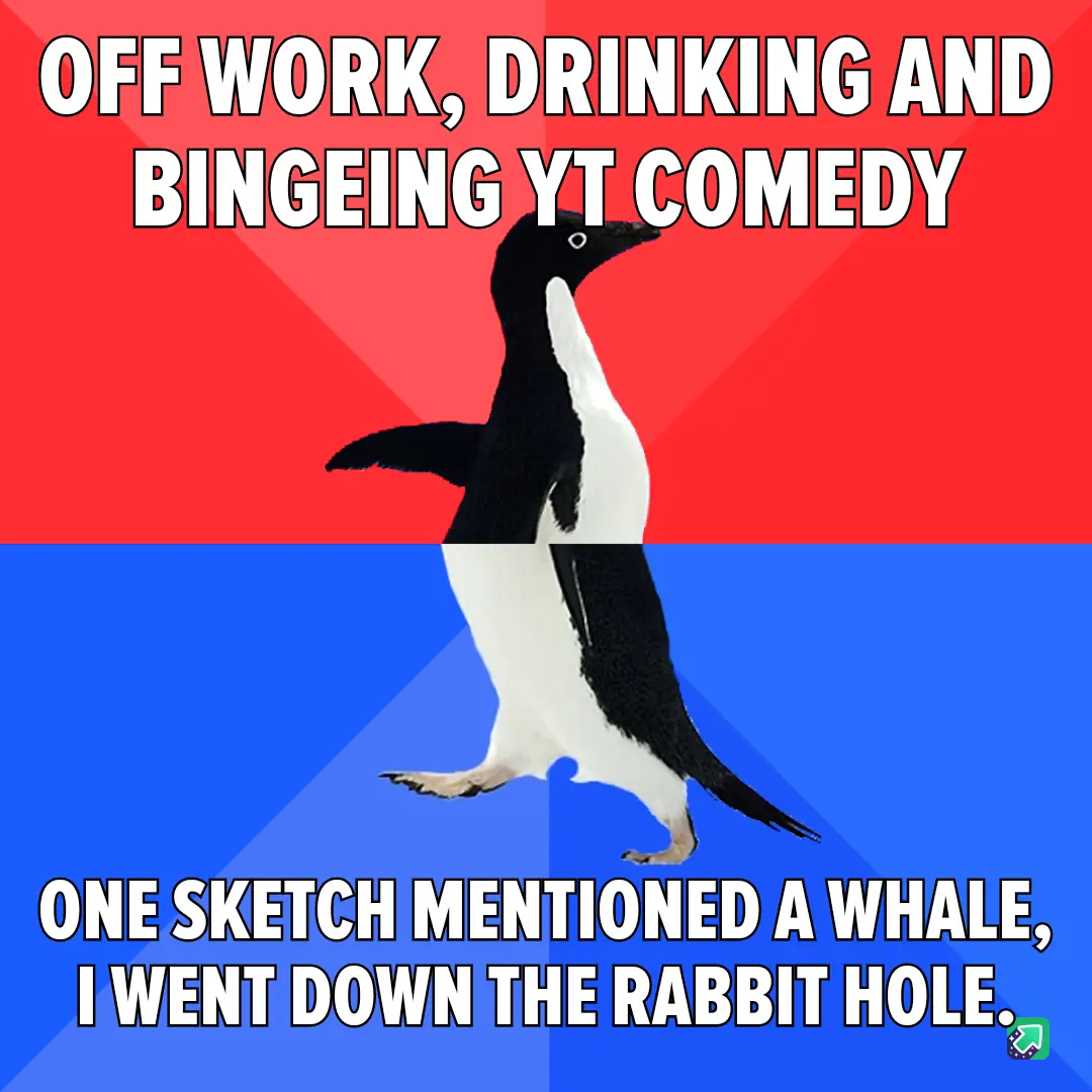 A penguin stands centered against a red and blue background, with bold white text above and below. The top text reads 'OFF…