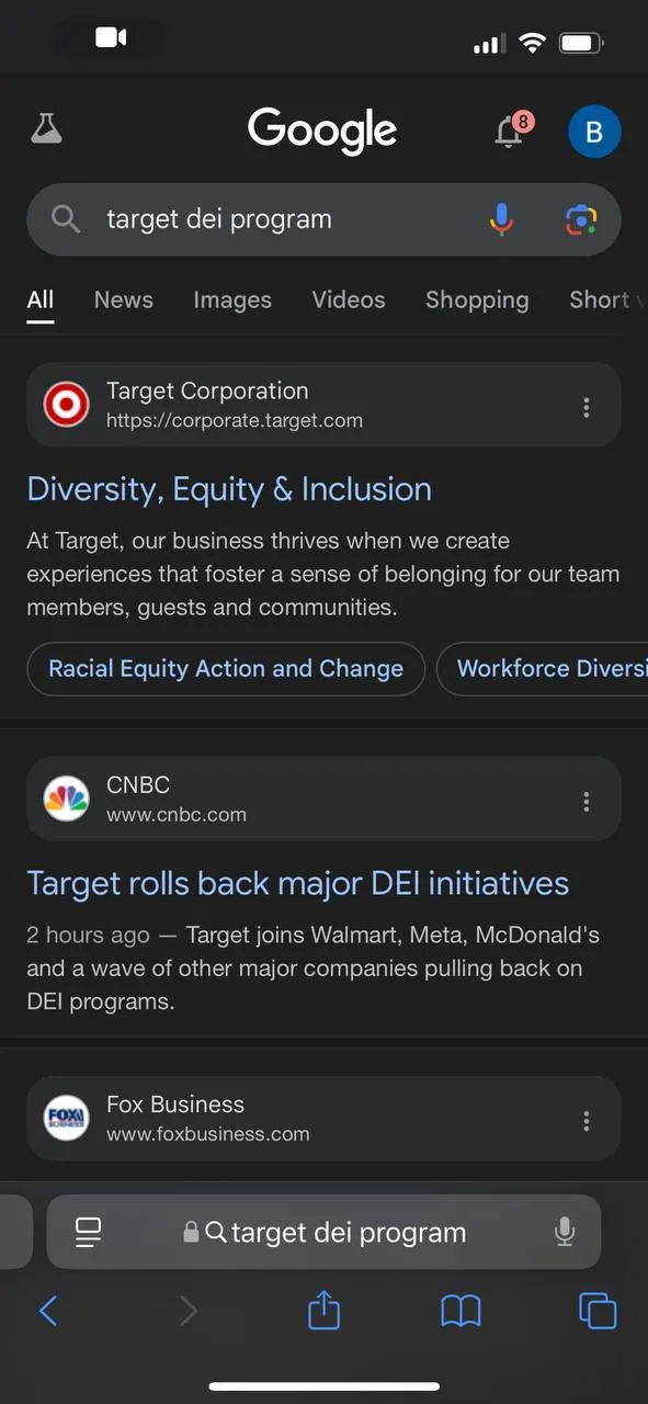 A smartphone screenshot of a Google search for 'target dei program' shows the top result as Target Corporation's official…