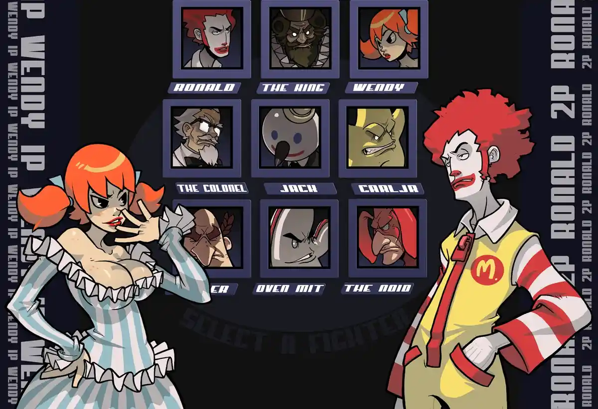 A custom fighter selection screen from a fighting game, featuring a grid of nine character portraits labeled with names like…