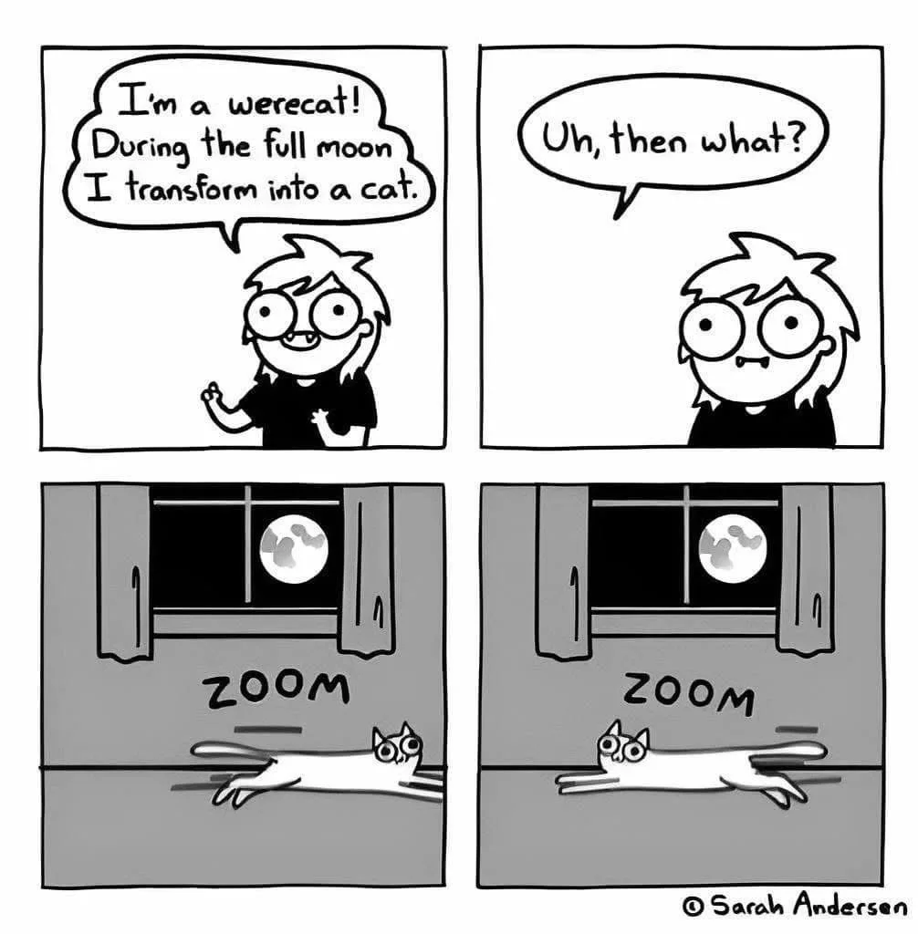 A four-panel comic strip shows a person declaring they are a werecat who transforms into a cat during a full moon. The…