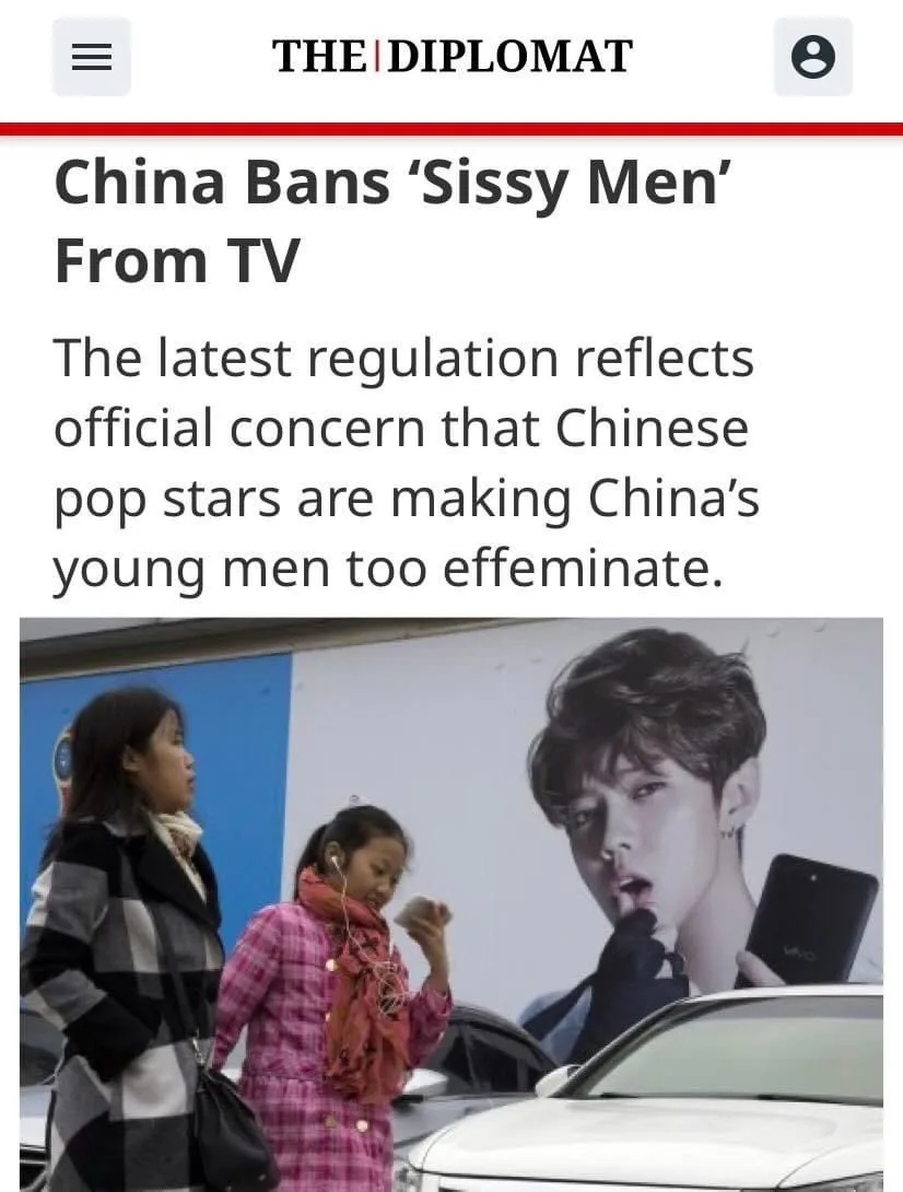An image shows a newspaper article headline from 'The Diplomat' about China banning 'sissy men' from TV, with a photo of two…