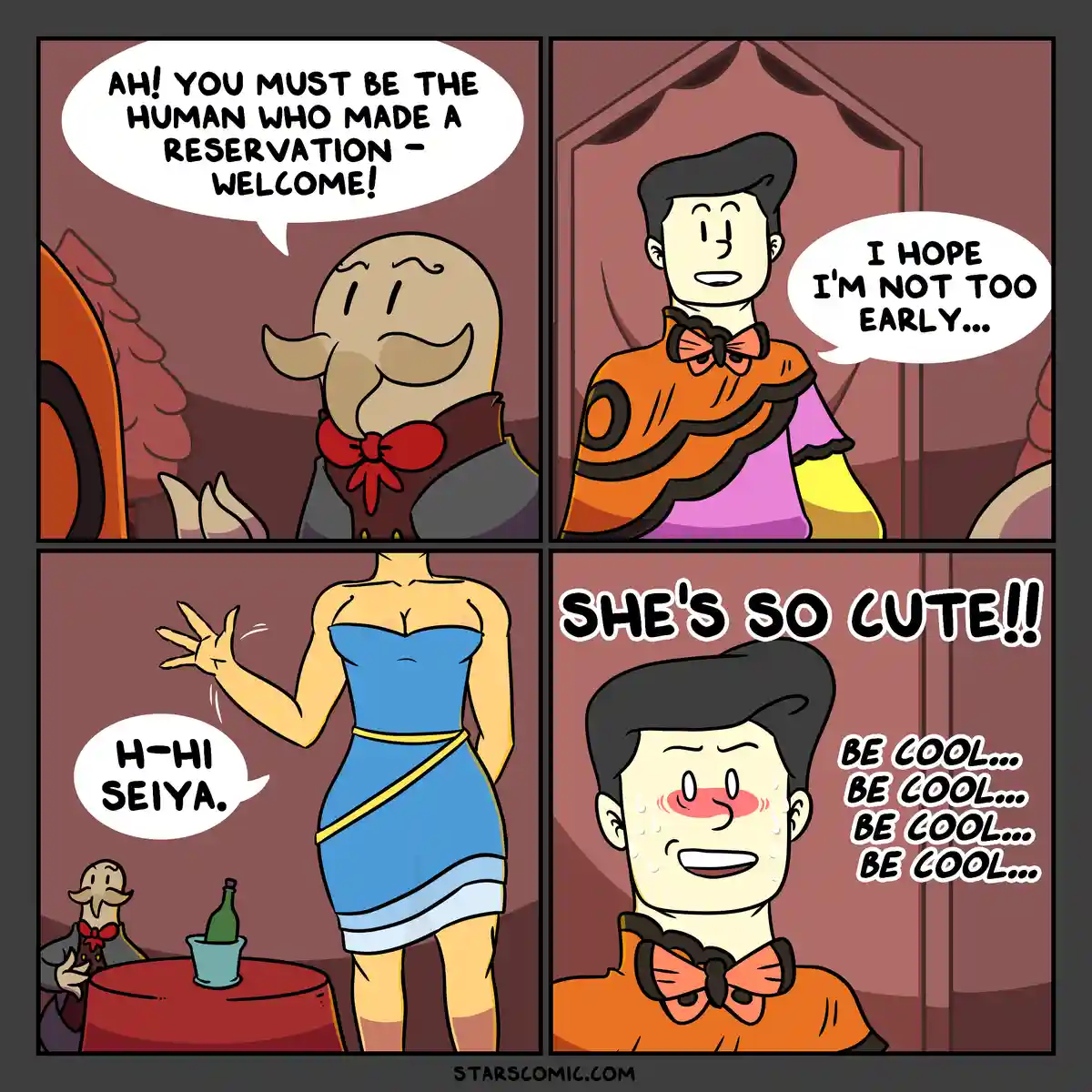 A four-panel comic shows a man in an orange cape nervously entering a restaurant, greeted by a host who introduces him to a…