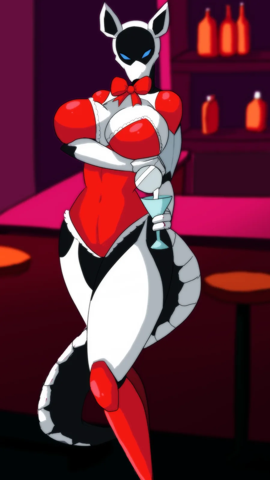 An anime-style anthropomorphic lemur with black and white fur, blue eyes, and a red bow stands in a bar holding a cocktail…