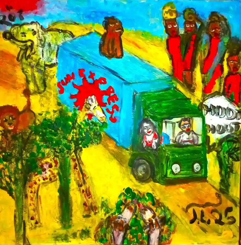 A colorful, childlike painting depicts a green bus with 'sun express' written in red on its blue cargo container, surrounded…