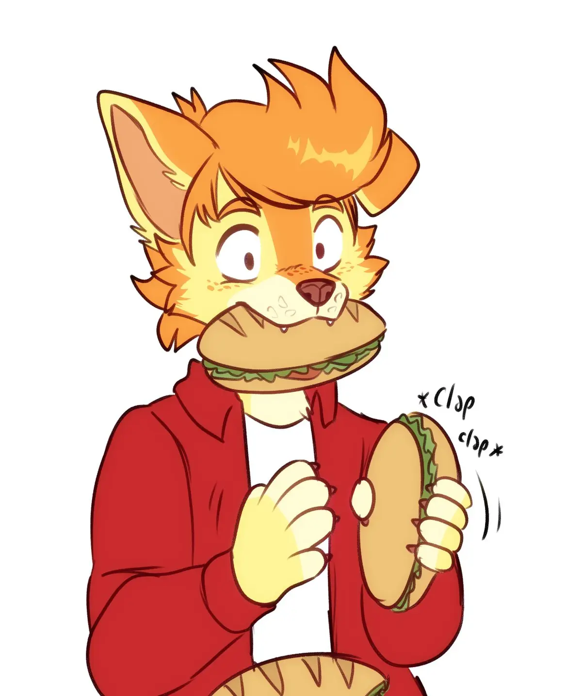 An anthropomorphic orange fox with spiky hair, wearing a red jacket over a white shirt, has a large sandwich stuck in its…