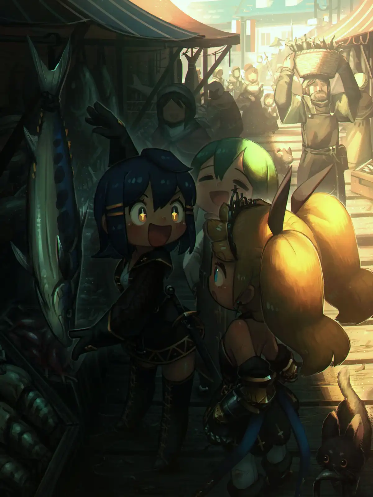 In a bustling fantasy fish market, a blue-haired girl with starry eyes excitedly gestures toward a giant fish hanging…