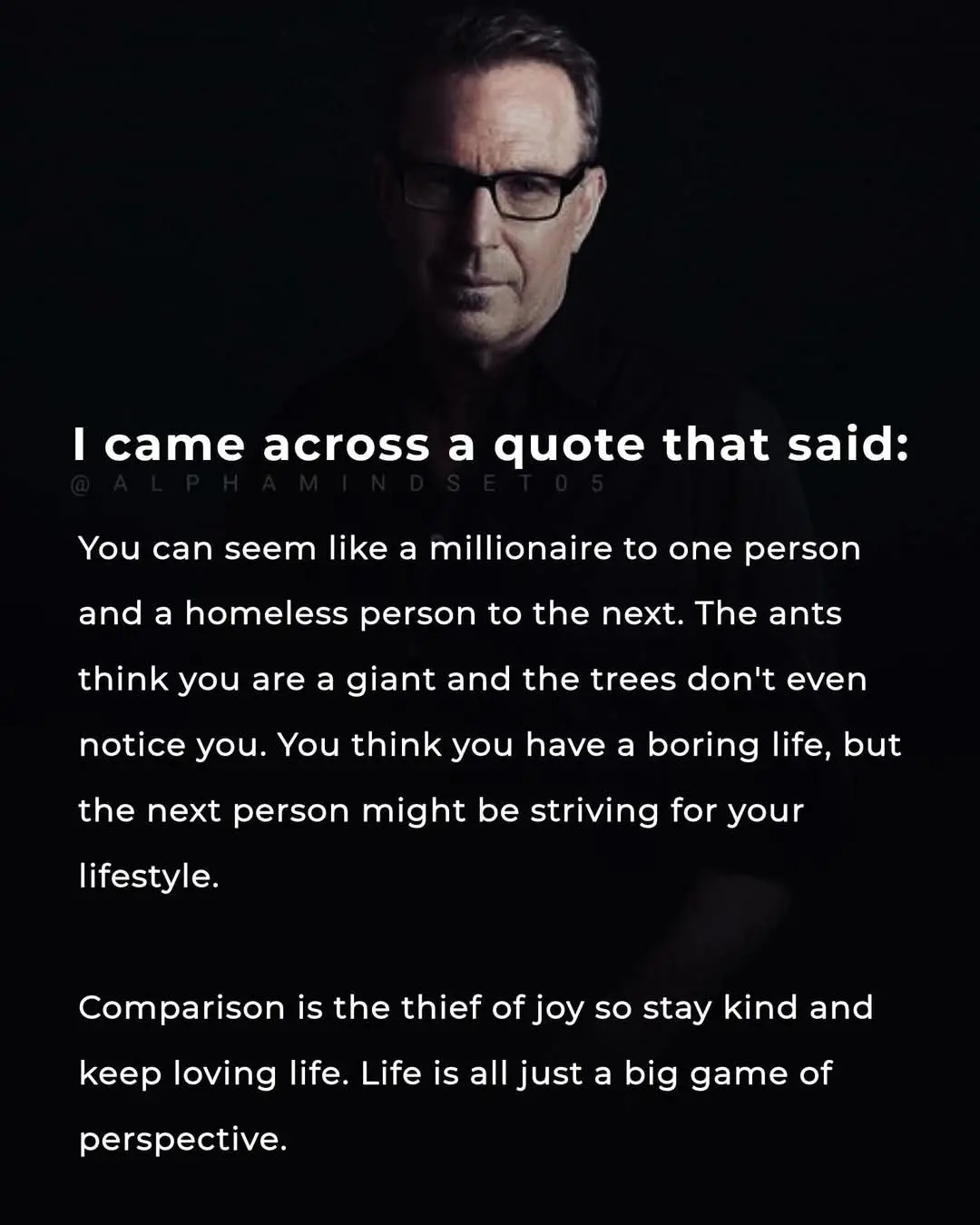 A dark, moody portrait of a man with glasses and a serious expression, overlaid with white text presenting a philosophical…