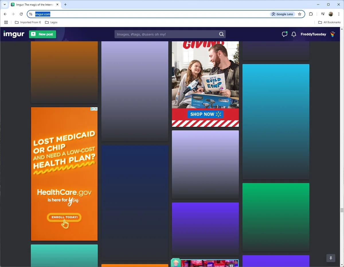 A screenshot of the Imgur website showing a grid of image thumbnails, one of which is a bright orange HealthCare.gov…