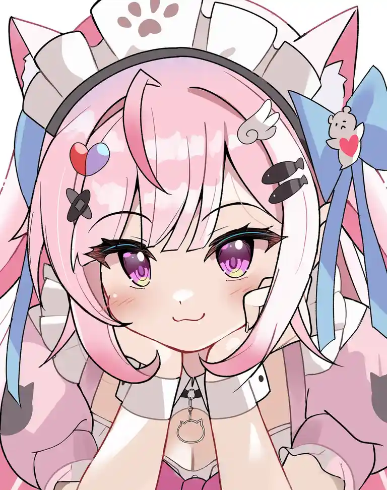 A close-up anime-style illustration of a pink-haired girl with cat ears and a fluffy headband, smiling gently while holding…