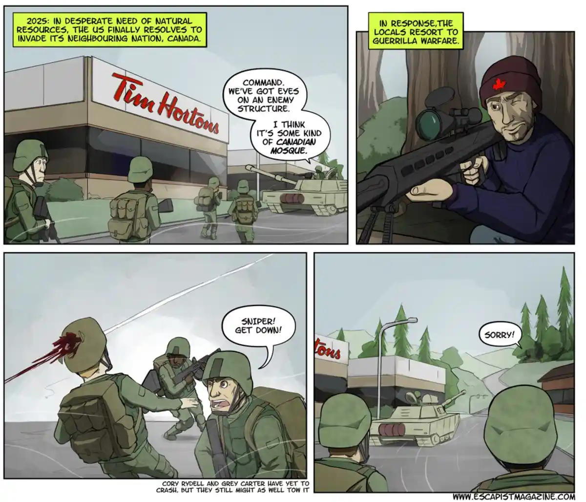 A four-panel comic strip depicts U.S. soldiers invading Canada in 2025, mistaking a Tim Hortons for a mosque, leading to a…