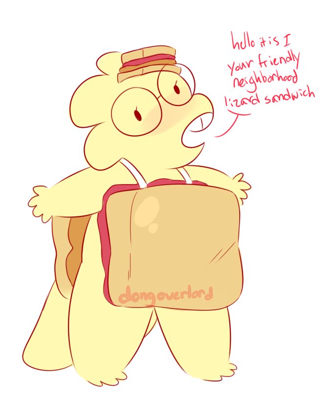 A cartoon yellow lizard with a sandwich on its head and a large sandwich strapped to its back, smiling and waving. Red…