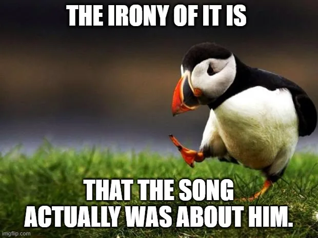 A penguin stands on grass, looking down with one foot lifted, as if in contemplation or mild confusion. White bold text…