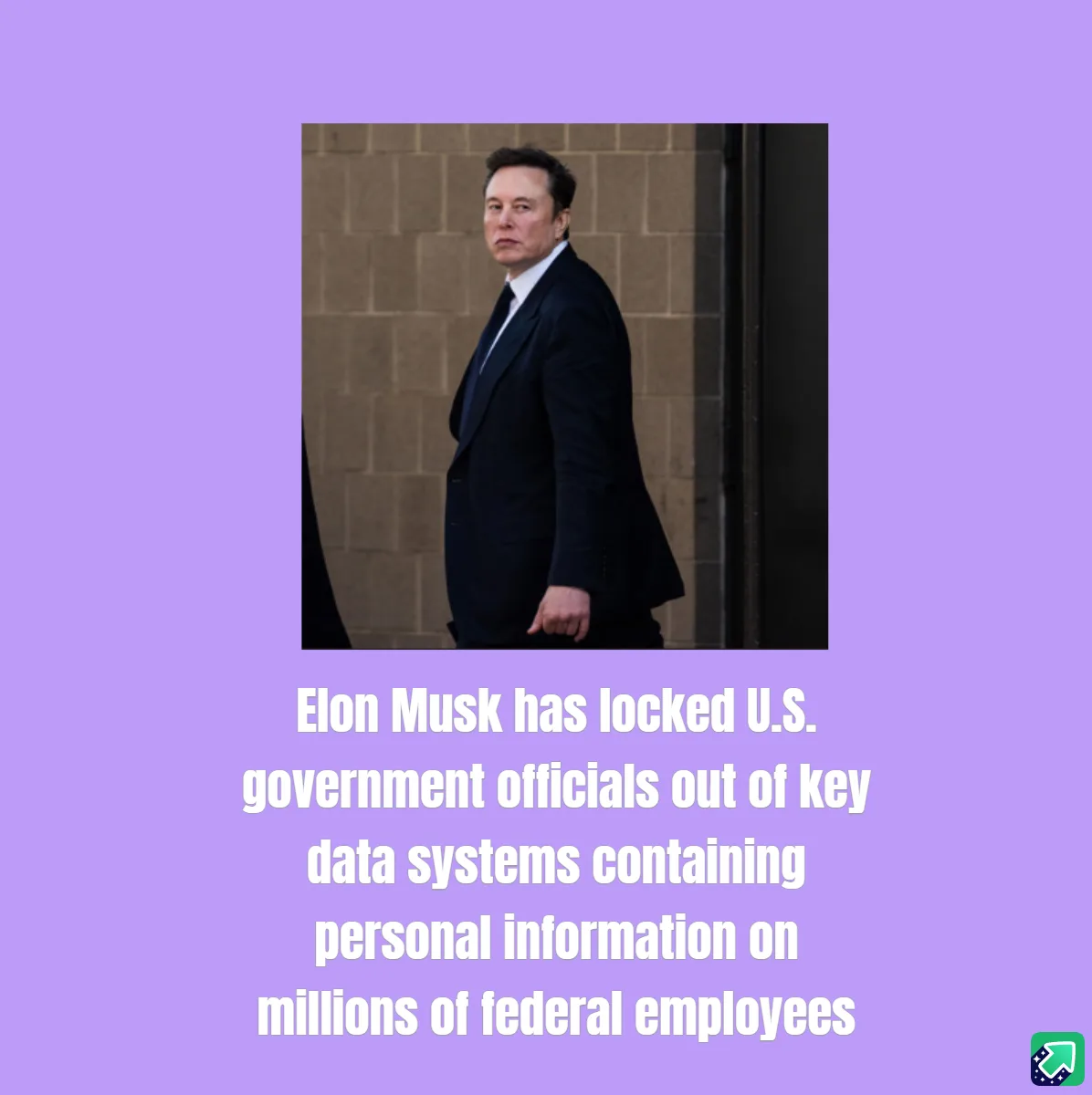 A photo of Elon Musk in a dark suit walking past a brick wall, overlaid with white text on a purple background stating 'Elon…