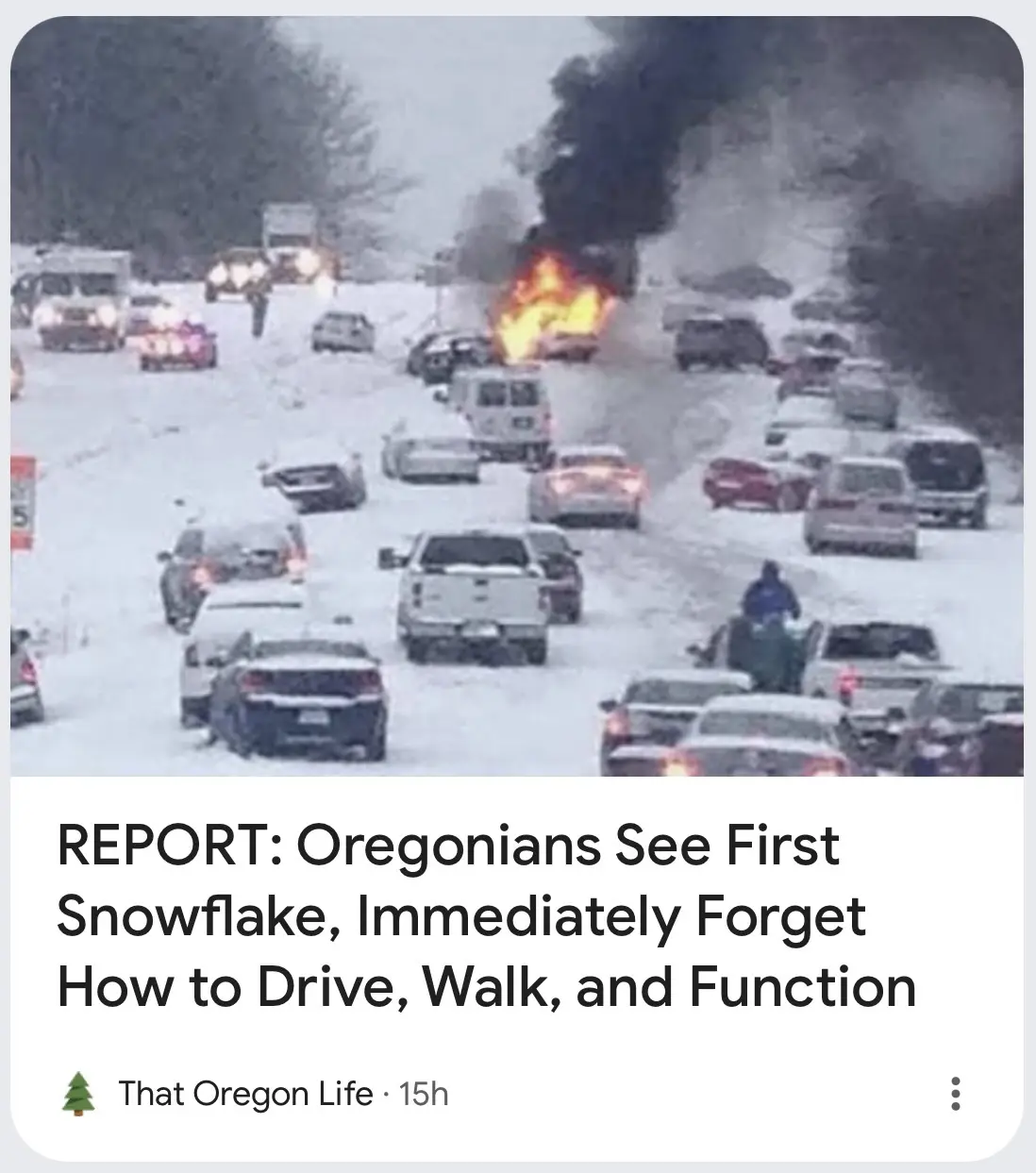 A snowy highway is filled with cars, many stuck or abandoned, with one vehicle in the distance engulfed in flames and…