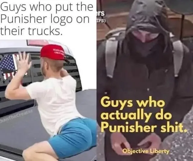 The meme contrasts two images: on the left, a man in a red 'Make America Great Again' cap and blue shorts sits on a truck…