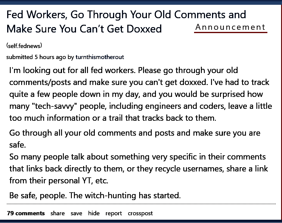 A screenshot of a Reddit post titled 'Fed Workers, Go Through Your Old Comments and Make Sure You Can't Get Doxxed' under…
