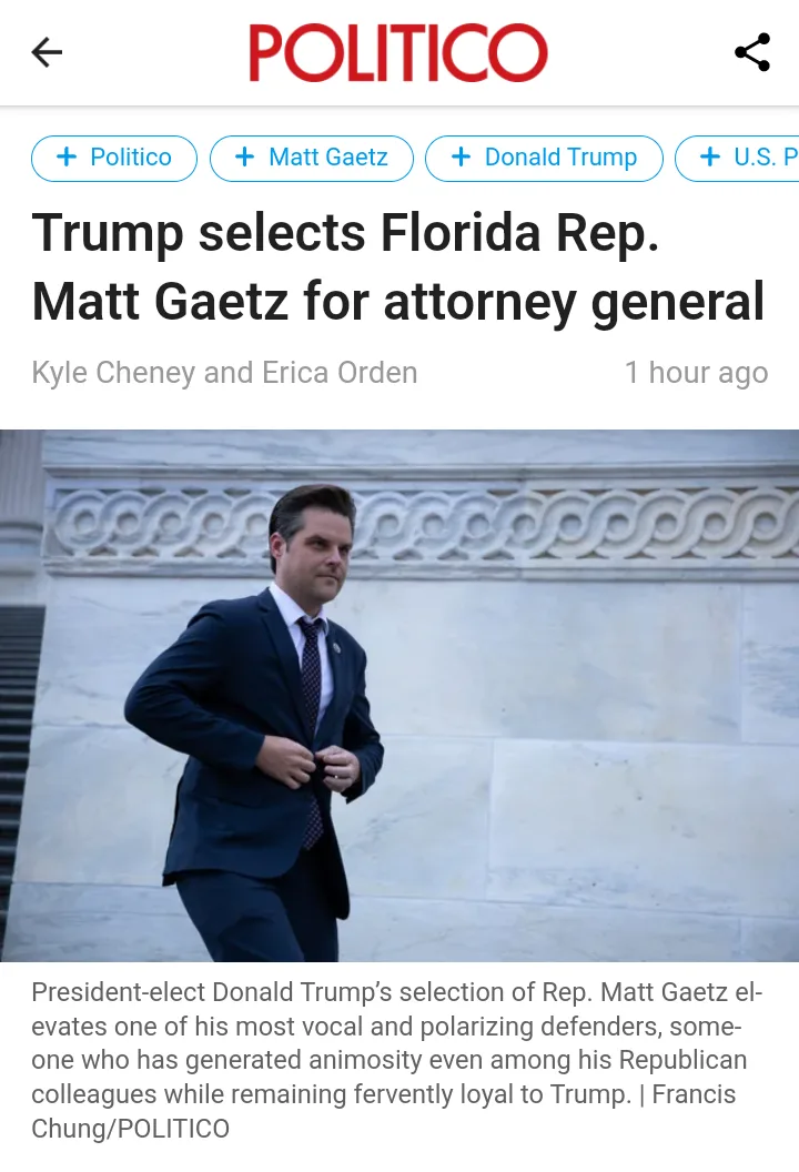A screenshot of a Politico news article shows a photo of Matt Gaetz adjusting his suit jacket in front of a marble building…