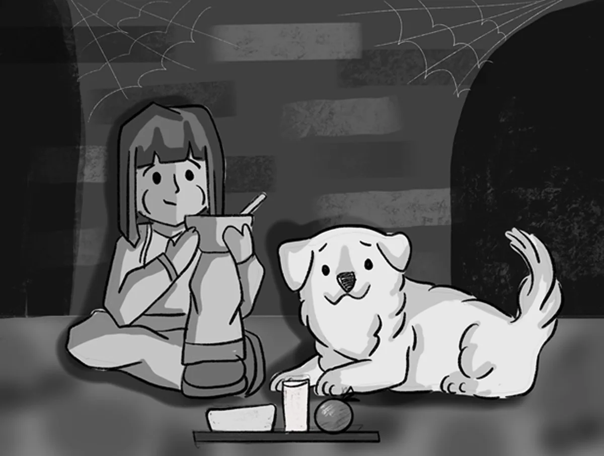 A black-and-white cartoon depicts a girl sitting cross-legged on the floor, holding a mug with a spoon, next to a white…