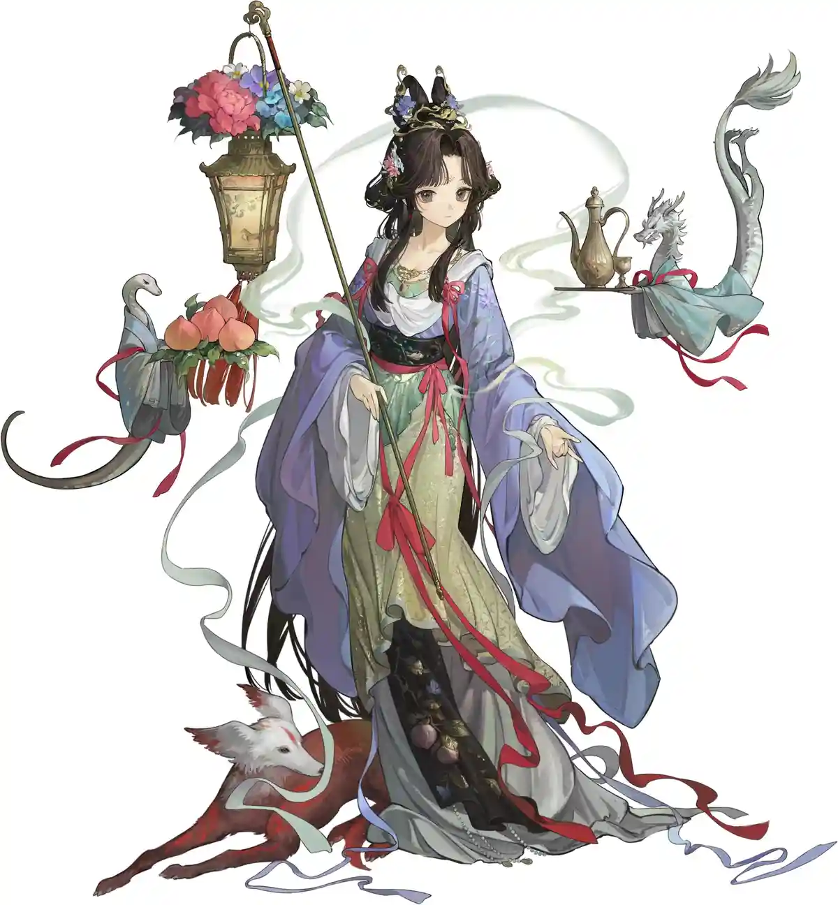 A stylized illustration of a young woman in ornate traditional Chinese robes, holding a staff topped with a lantern and…