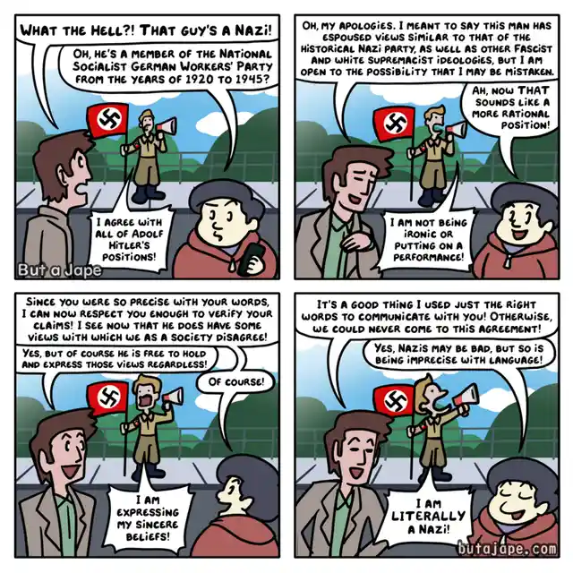 A four-panel comic depicts two men debating a Nazi protester. One man initially calls the protester a Nazi, but the other…