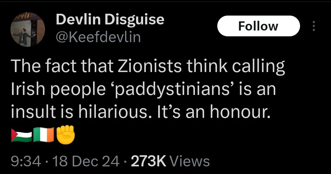 A screenshot of a tweet by Devlin Disguise (@Keefdevlin) with a black background, white text, and three emojis (Palestinian…