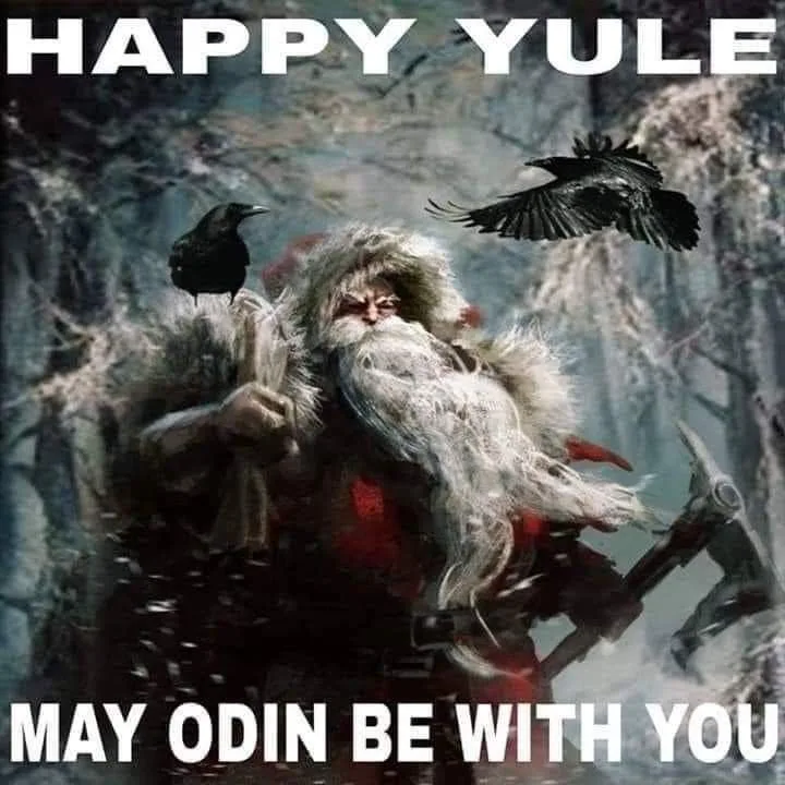 A dark, fantasy-style image shows a bearded, hooded figure resembling Odin, holding an axe and wearing fur, with two ravens…