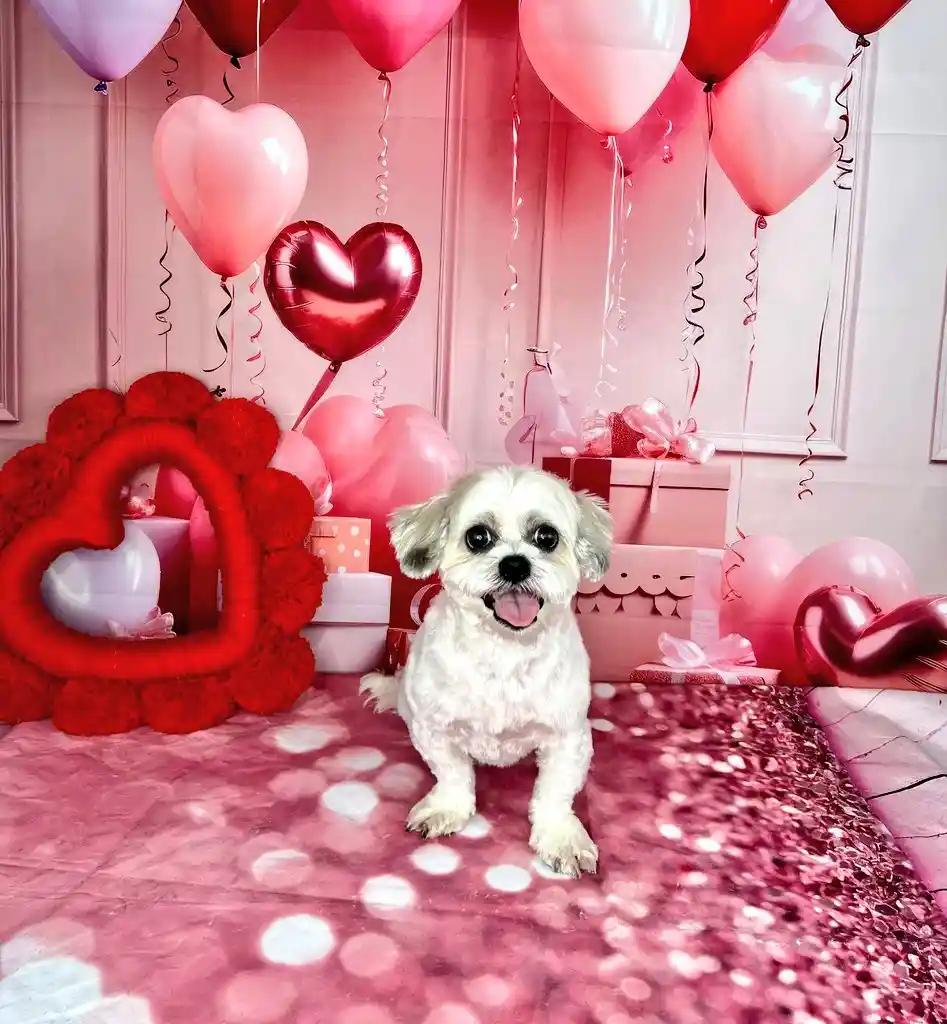 A small white fluffy dog sits in the center of a heavily decorated pink Valentine's Day scene, surrounded by heart-shaped…
