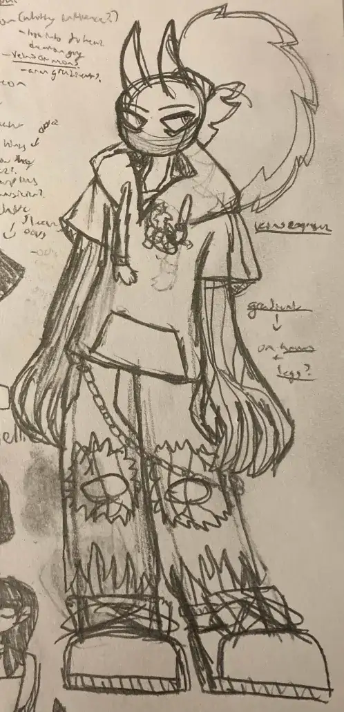 A rough pencil sketch of a stylized anthropomorphic character with pointed ears, a mask, and a large fluffy tail, wearing a…