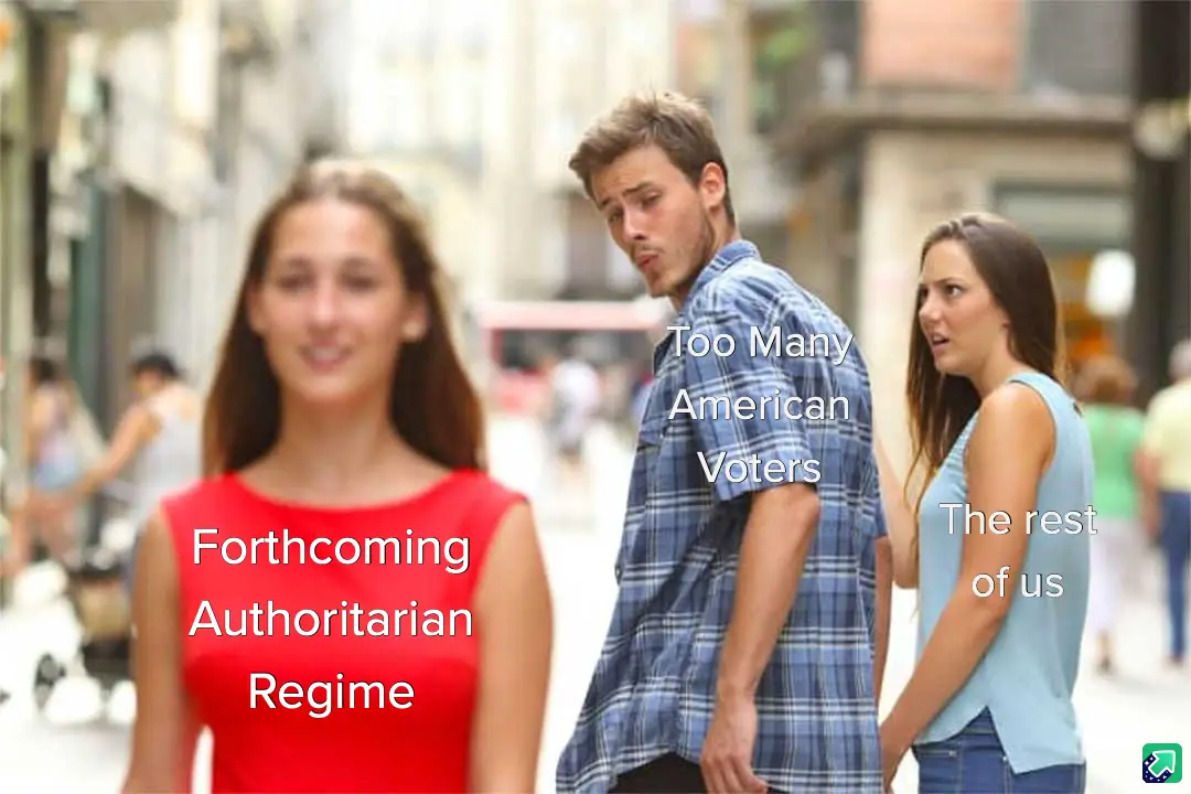 A man in a plaid shirt stands on a street, looking away from a smiling woman in a red top labeled 'Forthcoming Authoritarian…