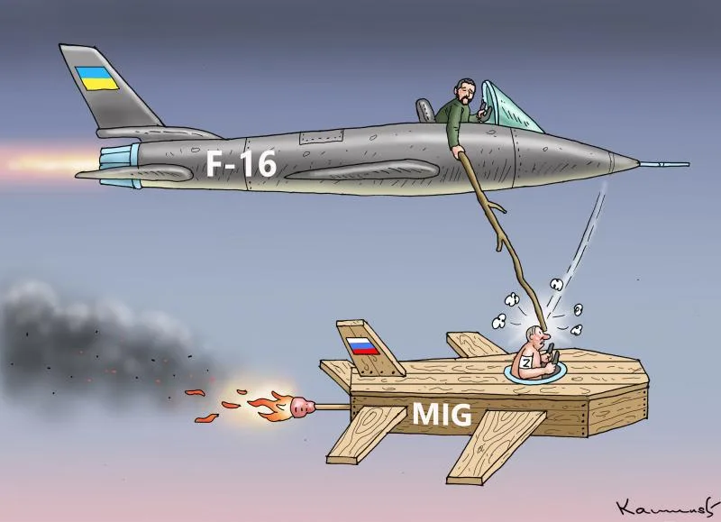 A cartoon depicts a Ukrainian F-16 fighter jet with a Ukrainian flag on its tail, flying and using a long stick to poke a…