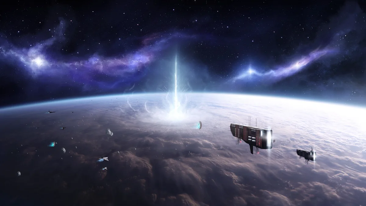 A sci-fi space scene shows a planet with a bright beam shooting from its surface into the starry sky, surrounded by…