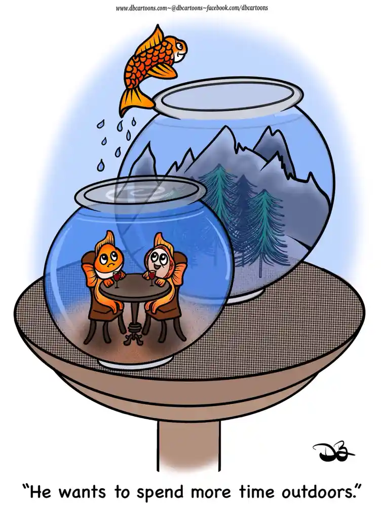 Two cartoon goldfish sit at a tiny table drinking wine inside a small fishbowl, while a third goldfish leaps out of a larger…