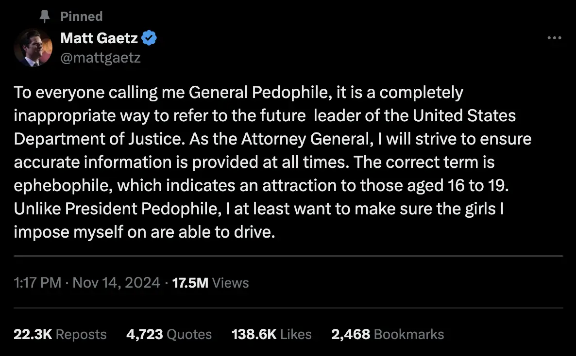A screenshot of a tweet by Matt Gaetz, who is shown in profile picture, with overlaid text that reads: 'To everyone calling…