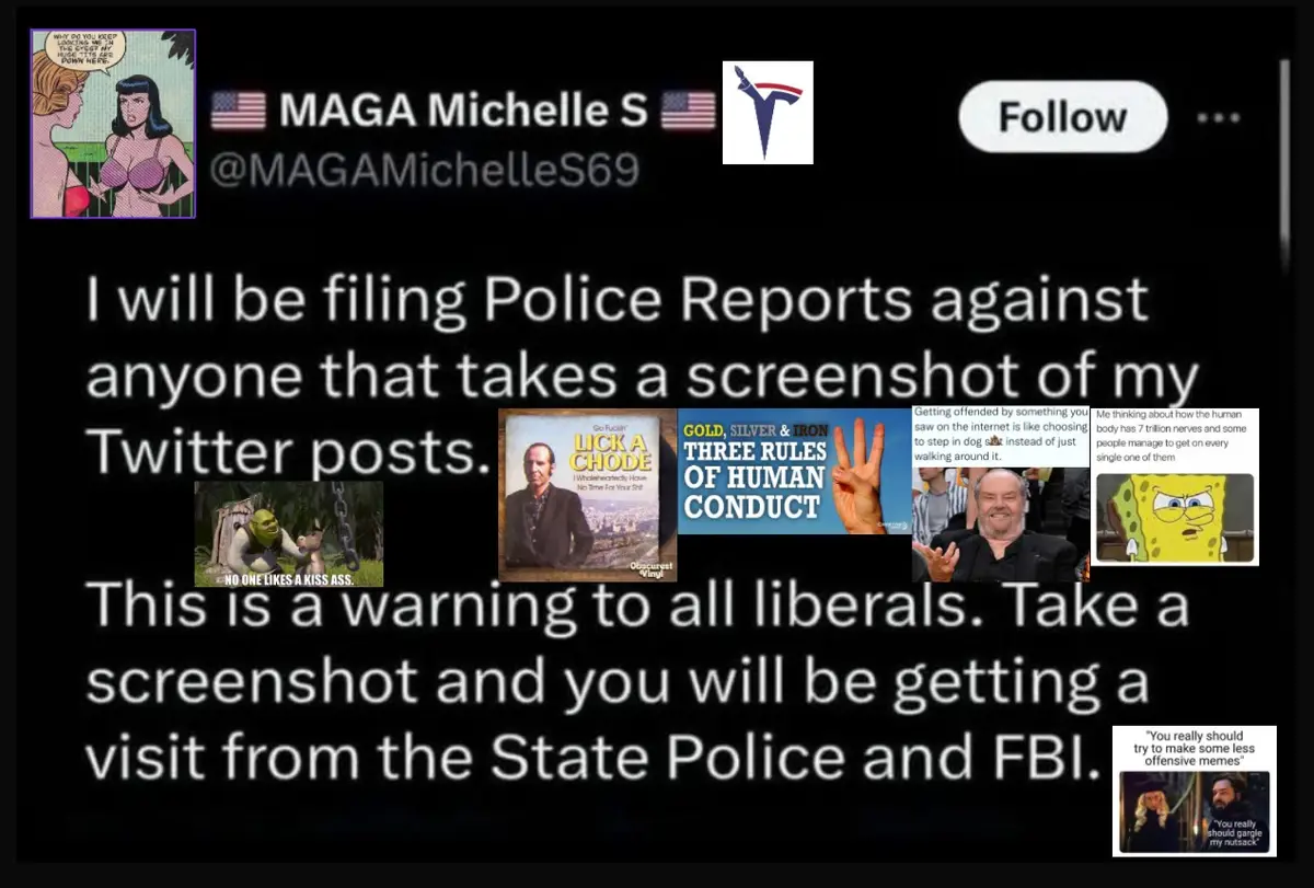 A screenshot of a Twitter profile named 'MAGA Michelle S' with a threatening message about filing police reports against…