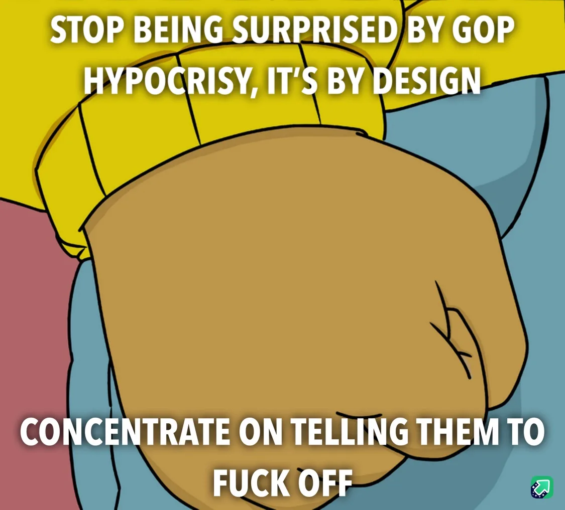 A close-up cartoon image of a clenched fist, likely from the animated series 'The Simpsons', with bold white text overlaid…