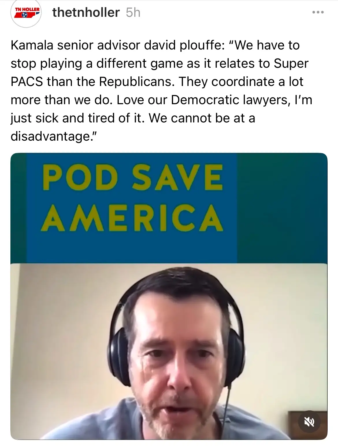 A screenshot of a social media post featuring a video still of David Plouffe, wearing headphones, speaking on the 'Pod Save…