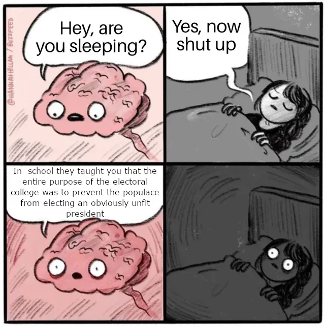 A four-panel comic strip shows a cartoon brain asking a sleeping person if they're asleep, who replies to shut up. The brain…