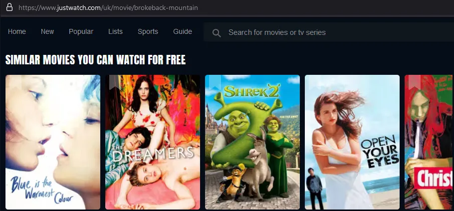 A screenshot of the JustWatch website showing a 'Similar Movies You Can Watch For Free' section with movie posters including…