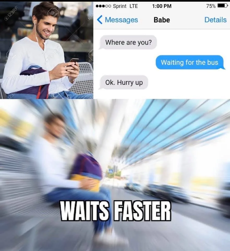The top half shows a smiling man in a white shirt and jeans, wearing earbuds and holding a phone, with a text message…