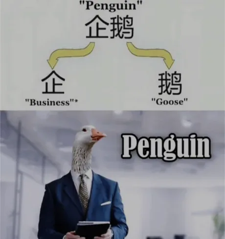 The image displays a diagram breaking down the Chinese characters for 'Penguin' (企鹅) into '企' meaning 'Business' and '鹅'…