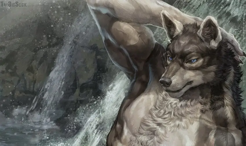 A muscular anthropomorphic wolf with blue eyes and a confident smirk stands by a waterfall, flexing one arm while the other…