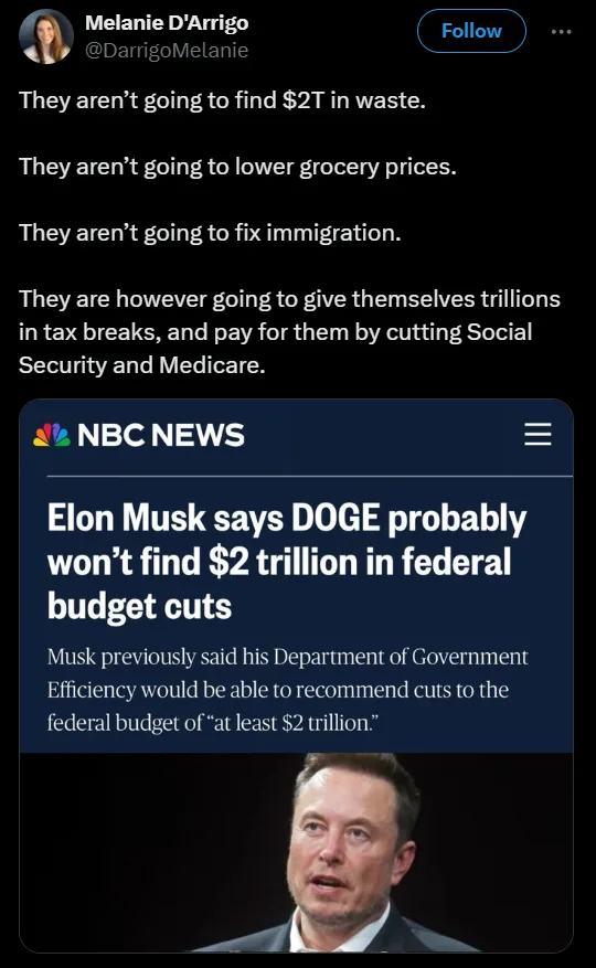 A screenshot of a tweet by Melanie D'Arrigo criticizing Elon Musk's claim that his 'Department of Government Efficiency'…
