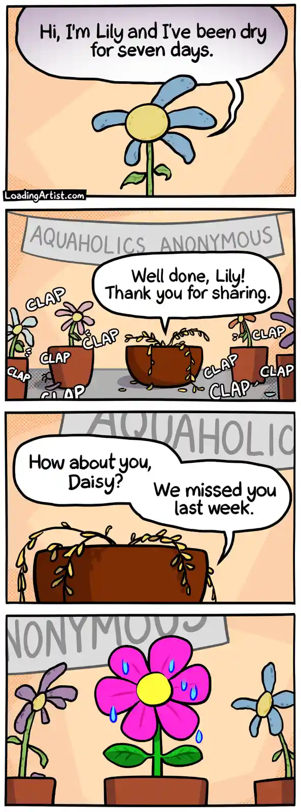 A four-panel comic shows a dry blue flower named Lily proudly admitting she hasn't been watered in seven days, earning…