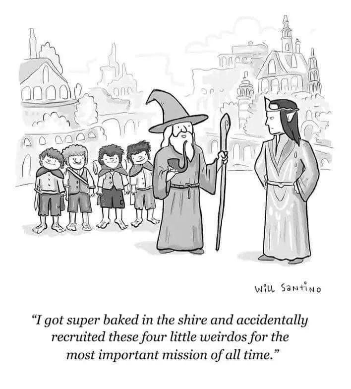 A black-and-white cartoon depicts a wizard with a long beard and staff standing beside an elf-like figure, facing a group of…