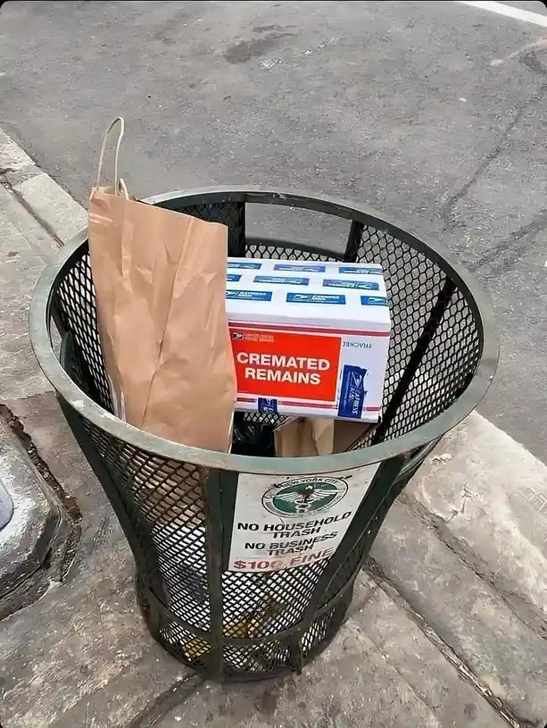 A public trash can on a sidewalk contains a brown paper bag and a USPS Priority Mail box labeled 'CREMATED REMAINS'. The can…