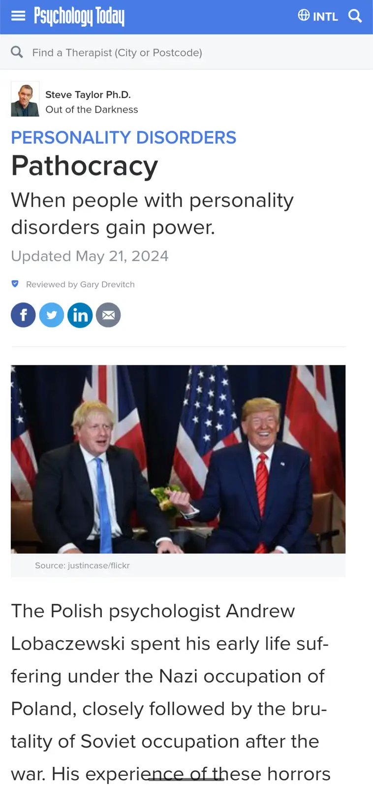 A screenshot of a Psychology Today article titled 'Pathocracy: When people with personality disorders gain power.' The…