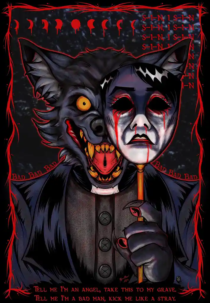A dark, stylized illustration shows a creature with a split face: one side is a snarling wolf with glowing yellow eyes and…