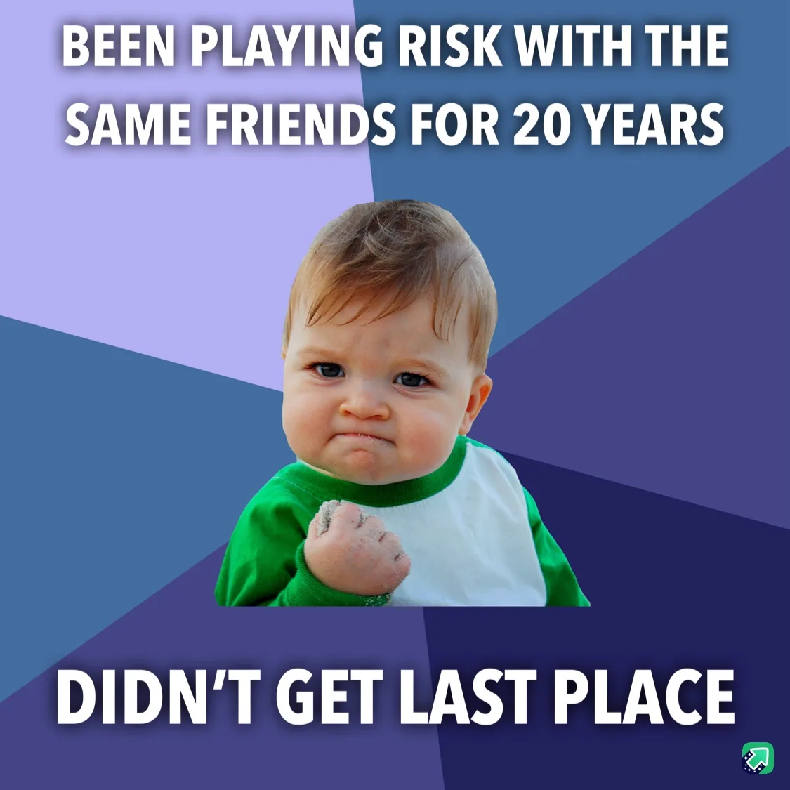 A baby with a smug, triumphant expression, wearing a green and white shirt, is shown against a blue and purple geometric…