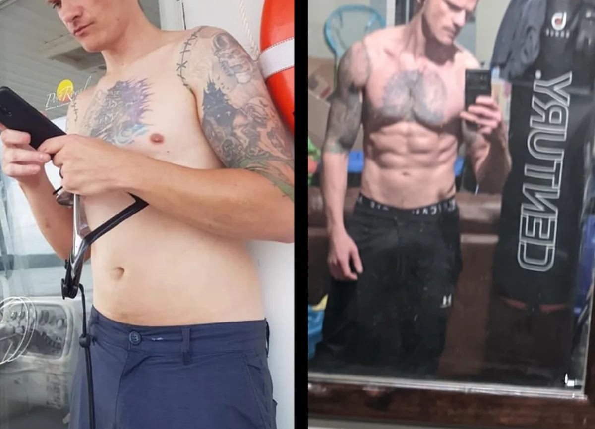 A side-by-side comparison shows a shirtless man with tattoos and soft abs on the left, holding a phone, and the same man on…